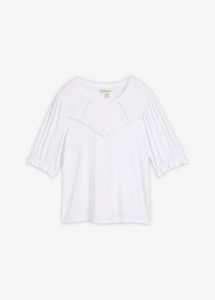 T-shirt z mieszanki wiskozy. Białe t-shirty bonprix, bez wzorów, z koronki, bez kołnierzyka, bez ramiączek. Za 59,99 zł.