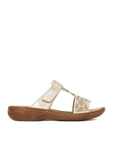 Rieker Klapki CEO-V2864-60 Złoty. Żółte klapki Rieker, bez wzorów, ze skóry, bez obcasa. Za 289,99 zł.