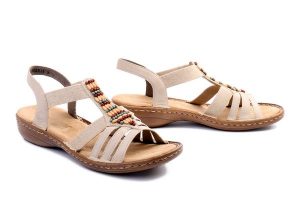 RIEKER 60851-62 beige, sandały damskie. Brązowe sandały Rieker, bez wzorów, bez obcasa, bez zapięcia. Za 299,90 zł.