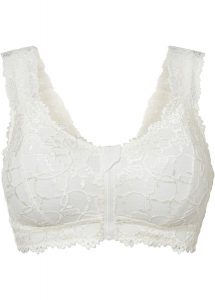 Biustonosz braletka z wygodnym zapięciem z przodu. Białe biustonosze bonprix, bez wzorów, z koronki. Za 72,99 zł.