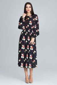Stylowa Sukienka w Barwny Deseń z Bufiastym Rękawem - Wzór 75. Niebieskie sukienki Figl, na lato, l, bez wzorów, z elastanu, eleganckie, bez kołnierzyka, bez ramiączek. Za 299,00 zł.