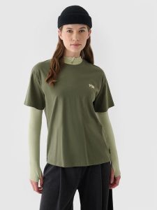 4F T-shirt regular z nadrukiem damski - khaki M. Brązowe t-shirty 4f, m, bez wzorów, z bawełny, bez kołnierzyka, bez ramiączek. W wyprzedaży za 29,99 zł.