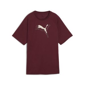 Damska koszulka Evostripe o luźnym kroju z grafiką PUMA Ruby Shimmer Red. Czerwone bluzki Puma, bez wzorów, sportowe, bez kołnierzyka, bez ramiączek. Za 139,00 zł.