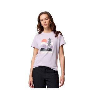 Koszulka damska Columbia Ruby Springs Graphic Fitted S/S. Fioletowe koszulki sportowe Columbia, bez wzorów, bez ramiączek. Za 88,19 zł.