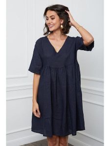 Fleur de Lin Lniana sukienka "Etsy" w kolorze granatowym rozmiar: XL. Niebieskie sukienki Fleur de Lin, xl, bez wzorów, ze lnu, bez kołnierzyka, bez ramiączek, mini. Za 184,46 zł.