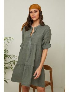La Compagnie Du Lin Sukienka lniana "Clorana" w kolorze khaki rozmiar: XXL. Brązowe sukienki La Compagnie Du Lin, xxl, bez wzorów, ze lnu, bez kołnierzyka, bez ramiączek, mini. Za 144,92 zł.