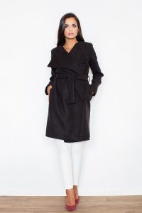 Czarny Elegancki Płaszcz Oversize Przewiązany Paskiem. Czarne płaszcze Figl, l, bez wzorów, z materiału, bez kaptura. Za 389,00 zł.