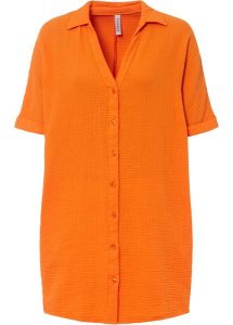 Długa bluzka muślinowa oversize z bawełny. Brązowe bluzki bonprix, bez wzorów, z bawełny, bez kołnierzyka, bez ramiączek. Za 114,99 zł.