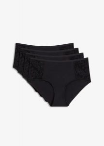 Figi panty maxi z miękkiego modalu (4 szt.). Czarne figi bonprix, bez wzorów, z koronki. Za 39,96 zł.