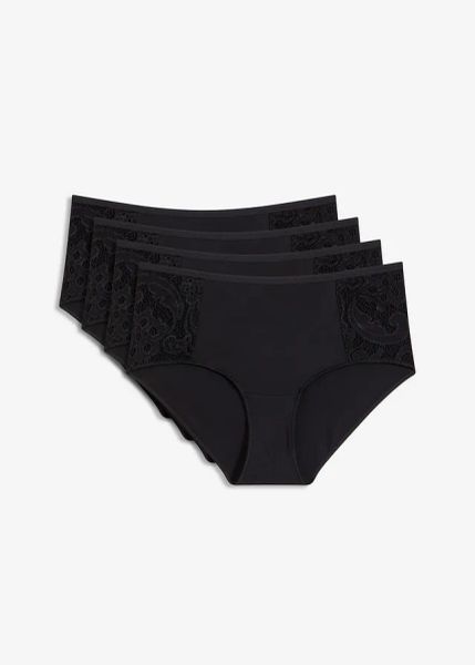 Figi panty maxi z miękkiego modalu (4 szt.). Czarne figi bonprix, bez wzorów, z koronki. Za 39,96 zł.