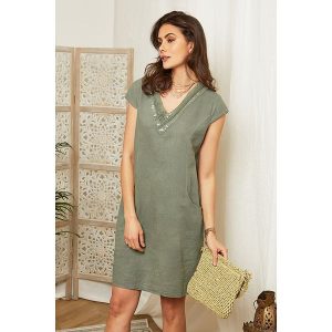 Lin Passion Lniana sukienka w kolorze khaki rozmiar: 40/42. Brązowe sukienki Lin Passion, na co dzień, bez wzorów, z koronki, klasyczne, bez kołnierzyka, bez ramiączek, mini, proste. Za 193,29 zł.