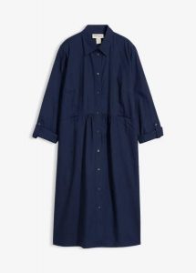 Sukienka szmizjerka z czystej bawełny. Niebieskie sukienki bonprix, na co dzień, bez wzorów, z bawełny, bez kołnierzyka, bez ramiączek, proste. Za 129,99 zł.