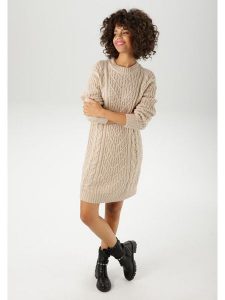 Aniston Sukienka dzianinowa w kolorze beżowym rozmiar: 38. Brązowe sukienki Aniston, na co dzień, bez wzorów, z dzianiny, bez kołnierzyka, bez ramiączek, midi, proste. Za 91,34 zł.