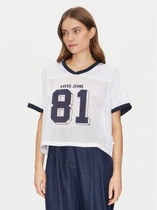 Guess Jeans T-Shirt W5GI59 KCTE2 Biały Regular Fit. Białe t-shirty Guess Jeans, xxl, z aplikacjami, z jeansu, bez kołnierzyka, bez ramiączek. Za 119,99 zł.