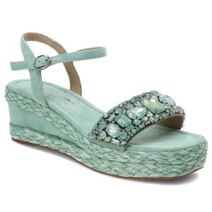 Zielone Sandały Alma En Pena Eleganckie Obuwie Damskie Na Koturnie. Zielone sandały Alma en Pena, z aplikacjami, z jeansu, bez obcasa, na koturnie, bez zapięcia. Za 429,00 zł.