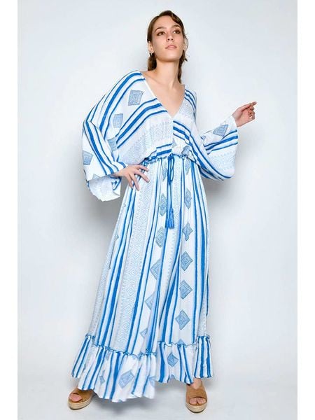 H.H.G. Sukienka w kolorze biało-niebieskim rozmiar: S. Białe sukienki H.H.G., s, bez wzorów, z wiskozy, bez kołnierzyka, bez ramiączek, maxi. Za 74,63 zł.