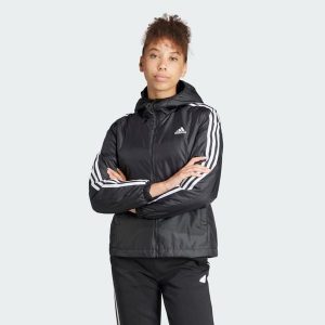 Kurtka Essentials 3-Stripes Insulated Hooded. Czarne kurtki ADIDAS, xs, bez wzorów, z materiału, bez kaptura. W wyprzedaży za 343,20 zł.