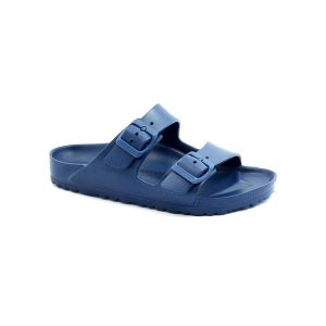 Klapki damskie Birkenstock Arizona Eva. Niebieskie klapki Birkenstock, bez wzorów, z materiału, bez obcasa. Za 335,00 zł.