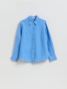 Lniana koszula - niebieski. Niebieskie koszule Reserved, l, bez wzorów, z tkaniny, bez kołnierzyka, bez ramiączek. Za 129,99 zł.