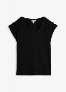 T-shirt z szydełkową wstawką. Czarne t-shirty bonprix, bez wzorów, bez kołnierzyka, bez ramiączek. Za 32,99 zł.