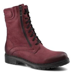 Bordowe Botki Damskie Simen Modne Skórzane Buty. Czerwone botki Simen, na zimę, bez wzorów, z nubiku, bez obcasa, bez zapięcia. Za 399,00 zł.