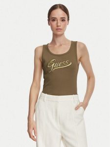 Guess Top W6YP30 K4380 Zielony ciemny Slim Fit. Zielone topy Guess, xs, z aplikacjami, z syntetyku, bez kołnierzyka, bez ramiączek. Za 194,99 zł.