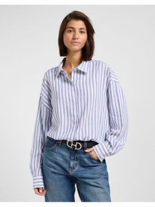 DAMSKA KOSZULA LEE ELASTICATED SHIRT SURF BLUE STRIPE 112363503. Niebieskie koszule Lee, m, bez wzorów, bez kołnierzyka, bez ramiączek. Za 169,99 zł.