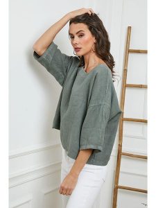 Fleur de Lin Lniana bluzka "Georginia" w kolorze khaki rozmiar: XL. Brązowe bluzki Fleur de Lin, xl, bez wzorów, ze lnu, bez kołnierzyka, bez ramiączek. Za 105,38 zł.