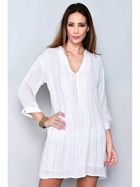 H.H.G. Sukienka w kolorze białym ze wzorem rozmiar: L. Białe sukienki H.H.G., na co dzień, l, bez wzorów, z wiskozy, bez kołnierzyka, bez ramiączek, midi, proste. Za 43,88 zł.