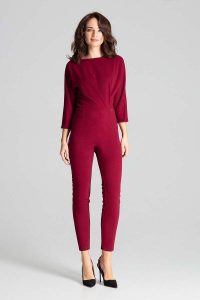Bordowy Elegancki Kombinezon z Ozdobnymi Zakładkami. Czerwone kombinezony Katrus, l, bez wzorów, z elastanu, eleganckie, bez kołnierzyka, bez ramiączek. Za 279,00 zł.