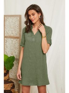 Lin Passion Lniana sukienka w kolorze khaki rozmiar: 40/42. Brązowe sukienki Lin Passion, na co dzień, bez wzorów, ze lnu, klasyczne, bez kołnierzyka, bez ramiączek, mini, proste. Za 140,53 zł.