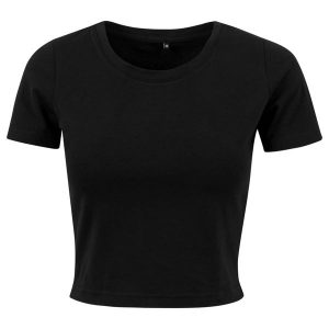 Damska Crop Top. Czarne topy BUILD YOUR BRAND, s, bez wzorów, sportowe, bez kołnierzyka, bez ramiączek. Za 54,99 zł.