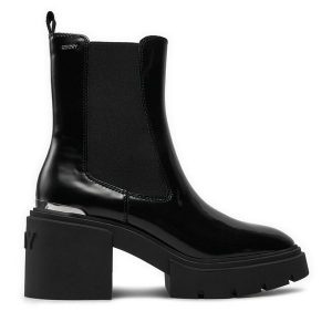 Botki DKNY. Czarne botki DKNY, bez wzorów, bez obcasa, na słupku, bez zapięcia. Za 459,99 zł.