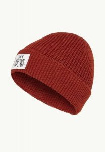 JACK WOLFSKIN Czapka Badge Beanie intense rust. Czerwone czapki Jack Wolfskin, z aplikacjami, z dzianiny, eleganckie. Za 78,65 zł.