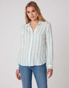 KOSZULA DAMSKA WRANGLER STRIPE SHIRT CARRIBEAN SEA W5R6TIB13 112130318. Niebieskie koszule Wrangler, s, bez wzorów, bez kołnierzyka, bez ramiączek. Za 129,99 zł.