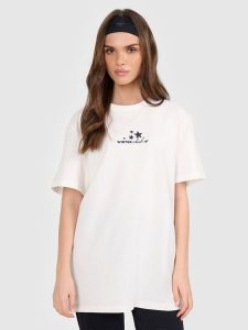 4F T-shirt oversize z nadrukiem damski - beżowy S. Brązowe t-shirty 4f, s, bez wzorów, z dzianiny, bez kołnierzyka, bez ramiączek. Za 79,99 zł.