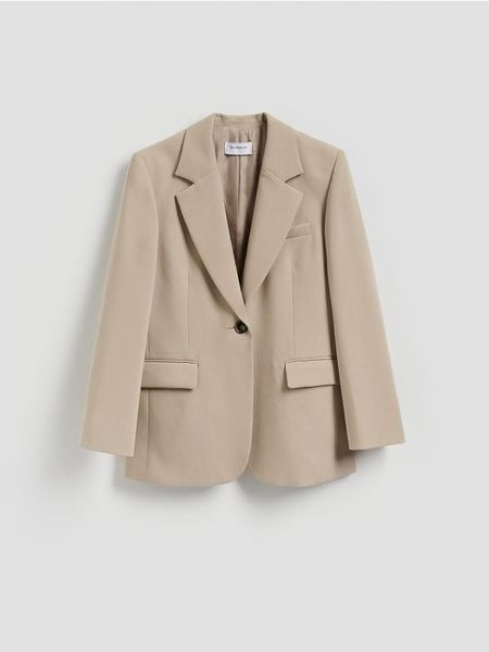 Jednorzędowa marynarka - beżowy. Brązowe marynarki i żakiety Reserved, l, bez wzorów, z tkaniny. Za 219,99 zł.