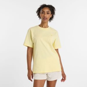 Koszulka damska New Balance WT41501PRC – żółta. Żółte bluzki New Balance, s, bez wzorów, z materiału, eleganckie, bez kołnierzyka, bez ramiączek. Za 119,99 zł.