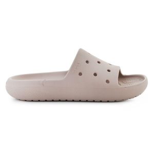 Klapki Crocs Classic Slide v2 209401-214 beżowy. Brązowe klapki bez wzorów, z otwartym noskiem, bez obcasa. Za 223,31 zł.
