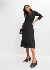 Sukienka szyfonowa z koronką. Czarne sukienki bonprix, bez wzorów, z koronki, eleganckie, bez kołnierzyka, bez ramiączek. Za 139,99 zł.