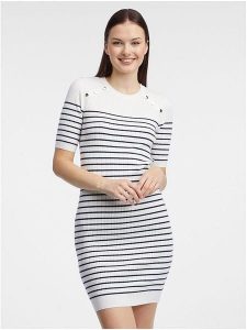 Orsay Sukienka dzianinowa w kolorze biało-granatowym rozmiar: M. Białe sukienki Orsay, m, bez wzorów, z bawełny, bez kołnierzyka, bez ramiączek, mini. Za 78,99 zł.