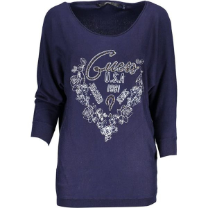 Sweter w kolorze granatowym. Niebieskie swetry oversize marki Guess, z nadrukiem, z długim rękawem. W wyprzedaży za 249,95 zł.