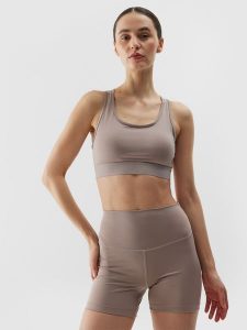 4F Biustonosz treningowy z niskim wsparciem z materiału z recyklingu damski - beżowy XL. Brązowe biustonosze 4f, bez wzorów, z dzianiny. W wyprzedaży za 59,99 zł.