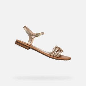 Sandały GEOX D SOZY S Złoty. Żółte buty trekkingowe Geox, ze skóry, bez zapięcia. Za 298,99 zł.
