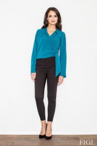 Morska Elegancka Bluzka z Kopertowym Założeniem. Zielone bluzki Figl, l, bez wzorów, z elastanu, eleganckie, bez kołnierzyka, bez ramiączek. Za 199,00 zł.