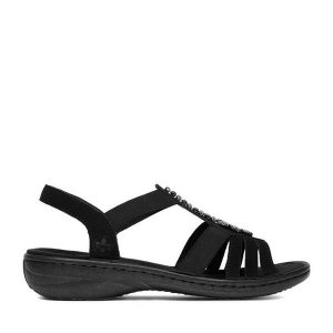 Sandały Rieker. Czarne sandały Rieker, bez wzorów, bez obcasa, na płaskiej podeszwie, bez zapięcia. Za 269,99 zł.