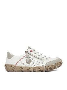 Rieker Półbuty L0355-80 Biały. Białe półbuty Rieker, bez wzorów, ze skóry, bez obcasa, na płaskiej podeszwie, bez zapięcia. Za 369,99 zł.