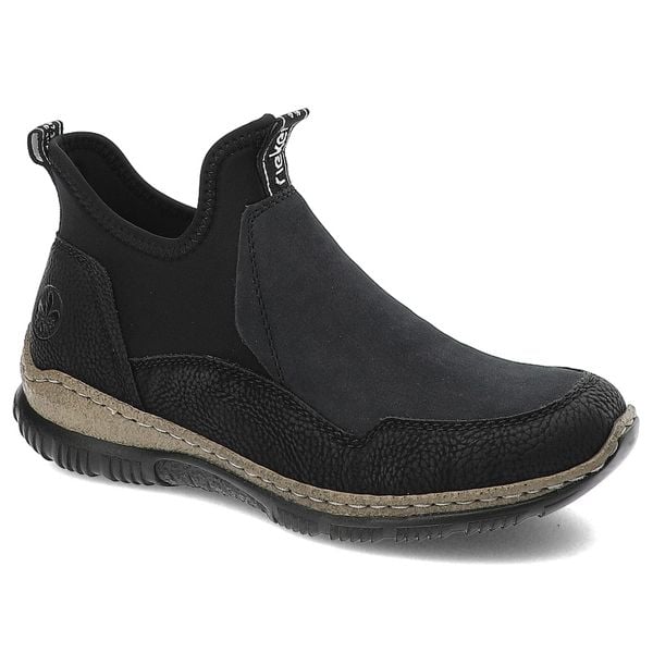 Czarne Botki Rieker Modne Wsuwane Obuwie Damskie. Czarne botki Rieker, bez wzorów, z materiału, bez obcasa, bez zapięcia. Za 271,99 zł.