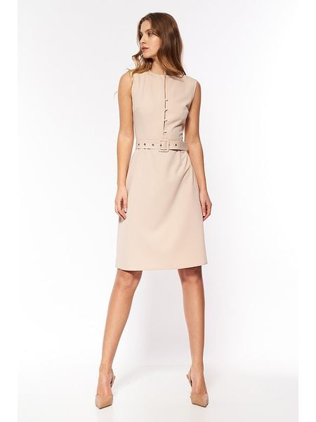 Nife Sukienka w kolorze beżowym rozmiar: 42. Brązowe sukienki Nife, bez wzorów, z tkaniny, bez kołnierzyka, bez ramiączek, mini. Za 135,81 zł.