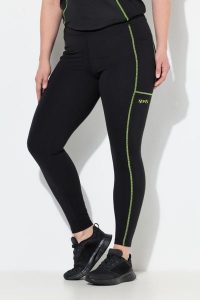 Damskie Legginsy sportowe neonowe szwy kieszenie z recyklingu. Czarne legginsy Ulla Popken, bez wzorów, z dżerseju, z podwyższonym stanem. Za 239,99 zł.